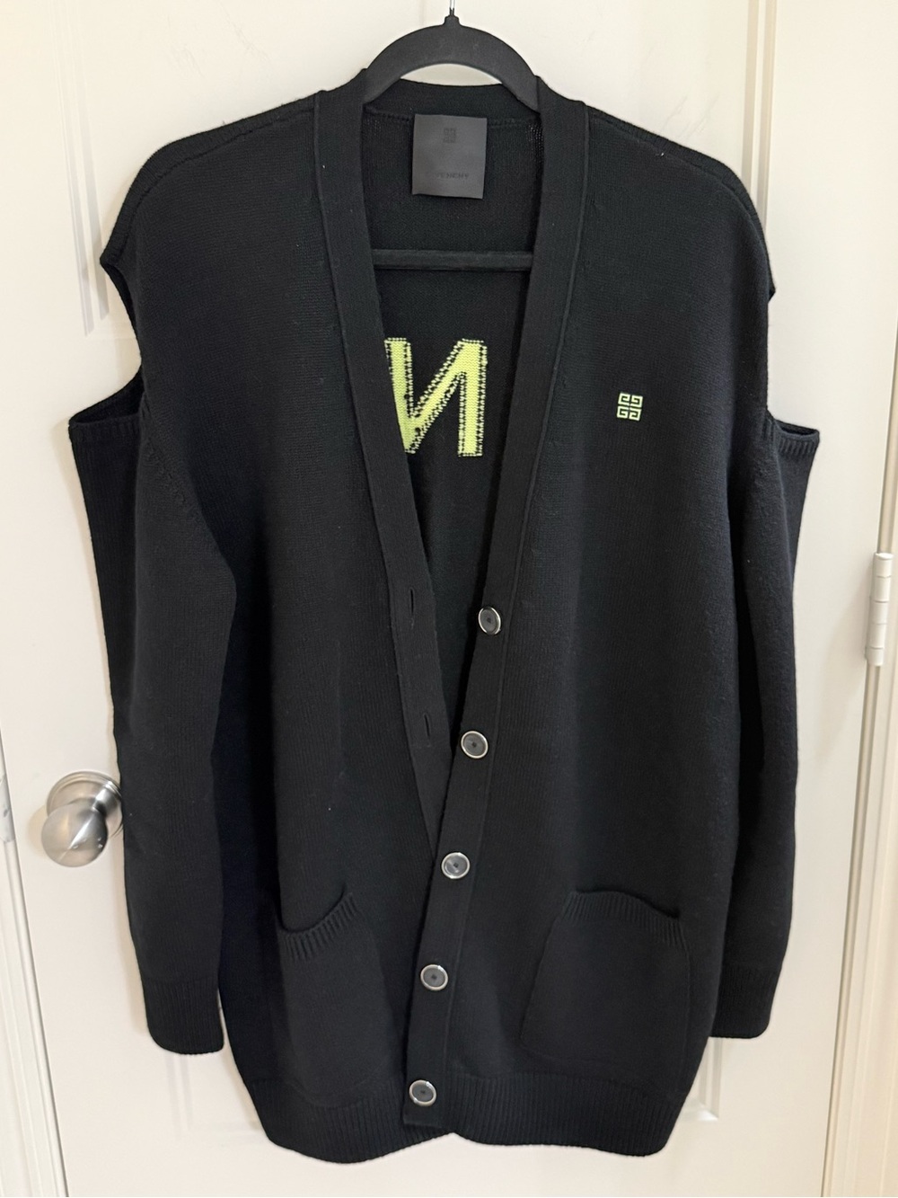 Givenchy Black Cardigan with Neon Green Logo Accent